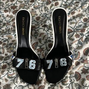 Fashion Nova Black Slides with Blue and White Details